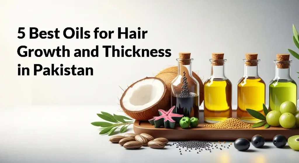 Five natural hair oils with fresh ingredients – coconut, castor, mustard, olive, and amla – arranged on a wooden tray, representing natural remedies for hair growth and thickness.