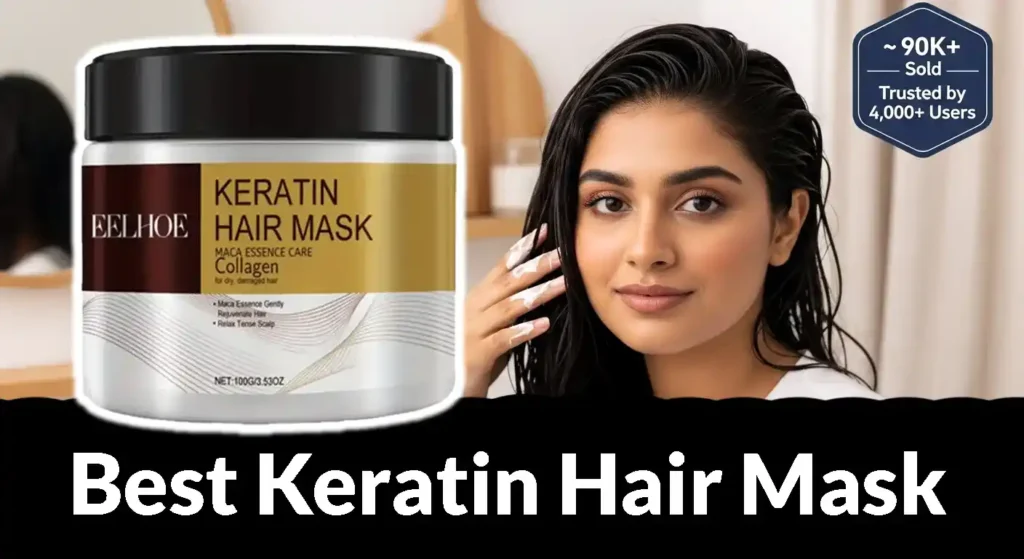 Pakistani woman applying keratin hair mask in soft-lit bathroom with product jar in foreground