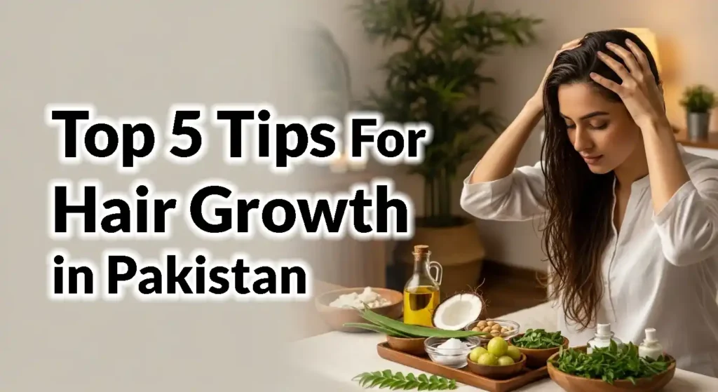 Pakistani woman applying oil to her scalp with natural hair care ingredients like coconut oil, amla, and aloe vera nearby in a cozy, softly lit room.