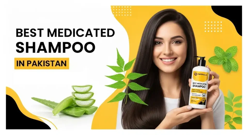 Best Medicated Shampoo in Pakistan with healthy hair woman holding shampoo bottle – HairShop.pk