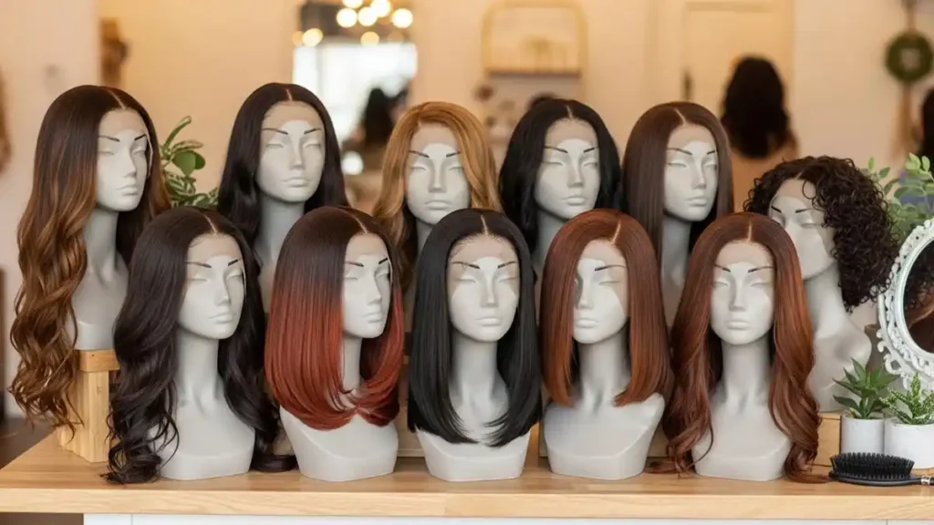 Lace front wigs displayed on mannequin heads, showing natural-looking hairlines with straight and wavy styles commonly discussed in Pakistan