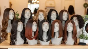 Lace front wigs displayed on mannequin heads, showing natural-looking hairlines with straight and wavy styles commonly discussed in Pakistan