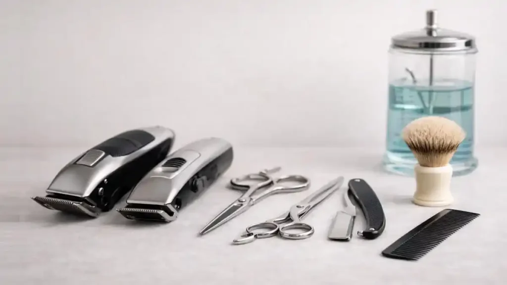 Professional barber tools including hair clippers, trimmers, scissors, razor, comb, and shaving brush arranged on a clean surface