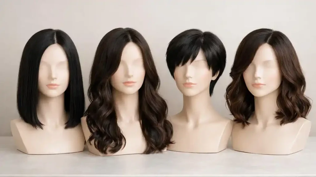 Different styles of synthetic wigs including straight, wavy, and short designs displayed on mannequin heads, showing common synthetic wig options in Pakistan