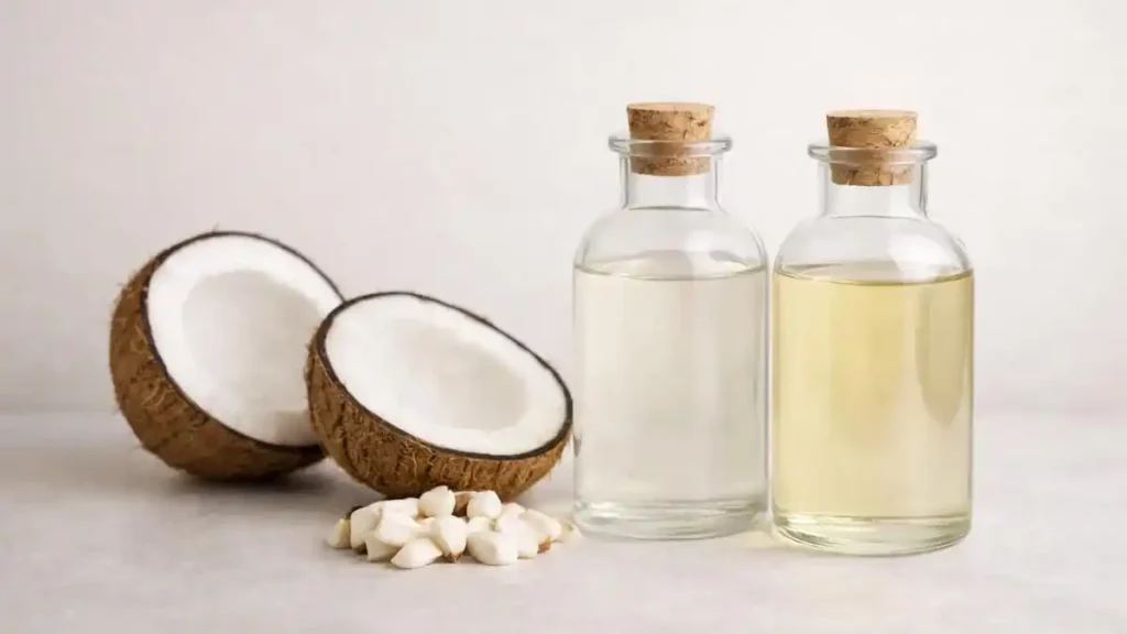 Coconut oil in glass bottles placed beside fresh coconut halves, commonly used in Pakistan for hair care routines
