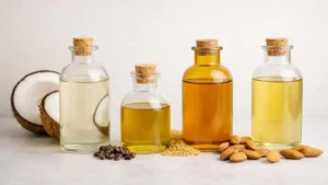 Organic hair oils such as coconut, castor, mustard, and almond oil commonly used in Pakistan as part of hair care routines